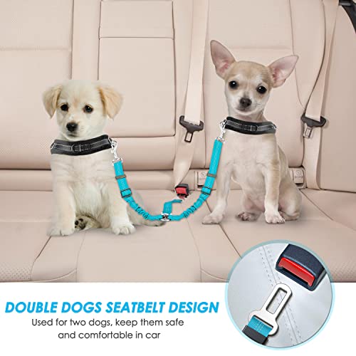 SlowTon Dog Seat Belt, Double Dog Seatbelt Adjustable Vehicle Safety Leash with Elastic Bungee Buffer, Reflective No Tangle Y Shape Two Dog Harness Seat Belt Splitter for Pets Car Trip (Mint Blue, S) - color: C.Mint Blue, size: 2 Small in 1