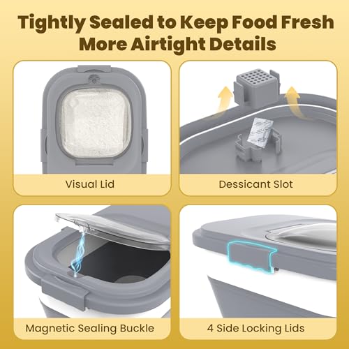 HOYTAMDA 20-30Lbs Rice Container,Collapsible Airtight Food Storage Containers with Wheels,Handle,Rice Storage Container with Small Bin and Scoop,Rice Dispenser for Flour Sugar Cereal Grain Dog Cat - color: Grey-20/30lbs