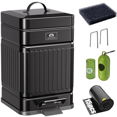Dog Poop Trash Can Outside - Odor Control & Waterproof, 1.3Gal Metal Pet Waste Garbage Can with Lid & Foot Pedal - Includes 30 Bags, a Bag Holder, and Lawn Stakes for Outdoor Security - size: Small-1.3 Gallon