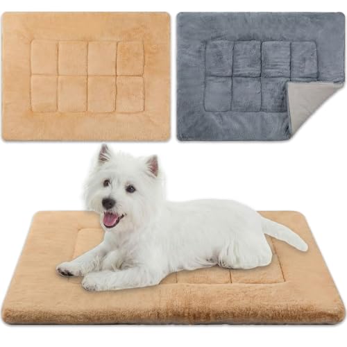 Dunzy 2 Pack Dog Bed Mat 24x18 Memory Foam Pet Crate Pad Orthopedic Dog Bed for Small Medium Breed Soft Comfy Faux Fur Linen Reversible Machine Washable Kennel Cozy Sleeping Mat Light Gray Camel - color: Light Gray, Camel, size: 24 x 18 Inches