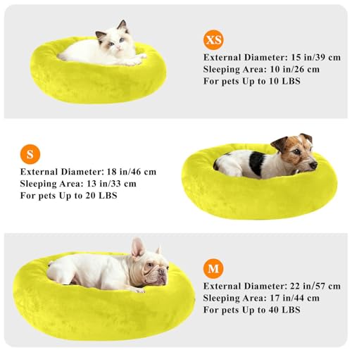 Sunny Yellow Solid Color Calming Dog Bed for Cats & Small Medium Dogs, Washable Plush Round Donut Pet Bed with Soft Raised Rim, 20 inches Warm Anti-Slip Cushio - size: 20 inch