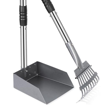 Heeyoo Dog Pooper Scooper, Dog Poop Tray and Rake Set, Pet Waste Removal Scoop with Long Adjustable Sectional Stainless Handles - color: Silver/Black