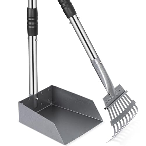 Heeyoo Dog Pooper Scooper, Dog Poop Tray and Rake Set, Pet Waste Removal Scoop with Long Adjustable Sectional Stainless Handles - color: Silver/Black