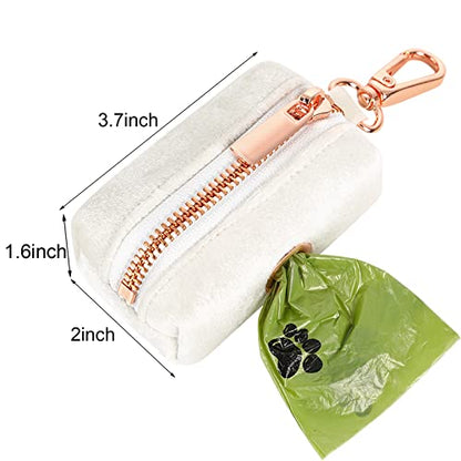 ARING PET Velvet Dog Waste Bag Holder, White Doggy Poop Bags Dispenser Attach to Any Leashes, Portable Washable Pet Waste Pouch Dispenser with Metal Zipper - color: A:white