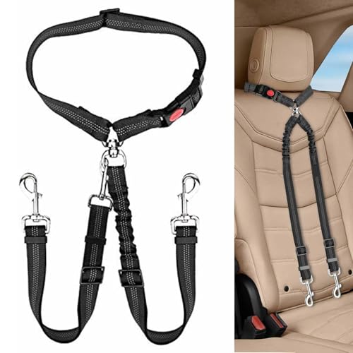 Dog Seat Belt for Car, Dual Pet Vehicle Headrest Restraint Safety Seatbelt,Two Dog Leash No Tangle Dog Car Leash Seat Belt,Duty Adjust Elastic Connect Harness in Vehicle Travel(Black) - color: Black