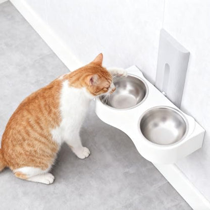 Yunseity Wall Mounted Pet Feeding Bowl, Stainless Steel Adjustable Height Double Bowls, Wall Pet Dish Feeding Station for Dog Cat Small Puppy (Gray White) - color: Gray White