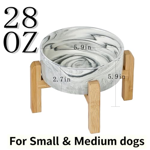 Elevated/Raised Ceramic Dog Bowl with Bamboo Stand,Marble Pattern 6 Inch 3.6 Cups Non Slip Heavy Weighted Single Pet Dish, for Small Medium Breed & Cats,Reduces Neck Strain Marble Grey - color: Marble Gray, size: 3.6 Cups - Medium
