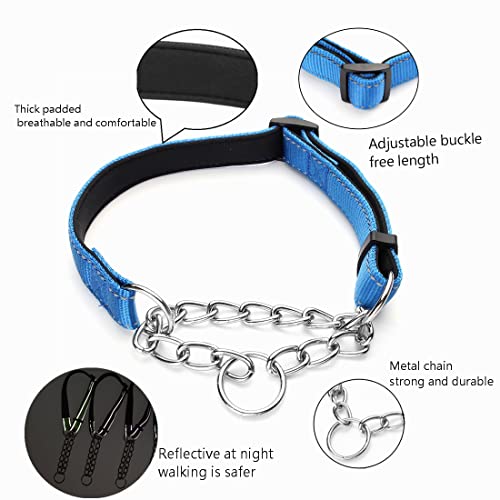 Martingale Dog Collars Adjustable Soft Nylon Reflective Collars with Stainless Steel Chain Walking Training Collars Heavy-Duty Puppy Chain Collars for Small,Medium,Large Dogs(Blue,S) - color: Blue, size: S-(dog's neck10-15inches)