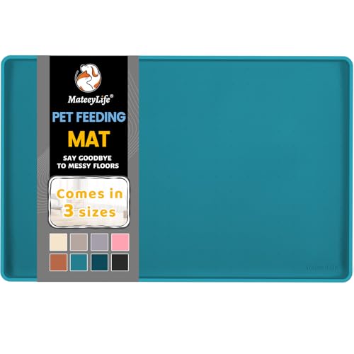 MateeyLife Silicone Cat & Dog Food Mat for Floors Waterproof, Anti-Slip Dog Bowl Mats for Food and Water, Pet Feeding Mats with Lip to Prevent Spills, Pet Placemat for Messy Drinkers to Protect Floors - color: Teal, size: 22''×14''