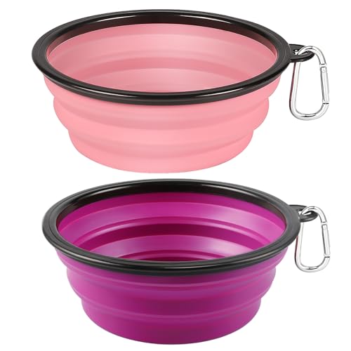 Kytely Large Collapsible Dog Bowls 2 Pack, 34oz Foldable Dog Travel Bowl, Portable Pet Water Food Bowl with Clasp, Pet Cat Feeding Cup Dish for Traveling, Walking, Hiking (Pink+Purple) - color: Purple & Pink