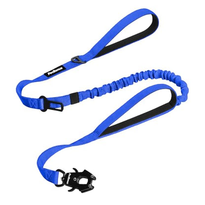PetBonus Heavy Duty Tactical Dog Leash, 5 FT Bungee Shock Absorption Leash with 2 Padded Handles, Quick Release Metal Clip, Car Seatbelt, No Pull Training Lead for Large Medium Dogs（Blue） - color: Blue