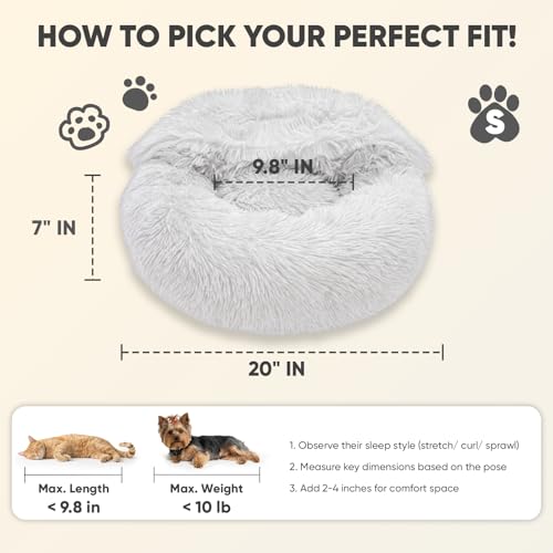 Himax Small Cat & Dog Bed with Cover, Calming Dog Bed for Small Dogs,Anti-Anxiety Donut Dog Bed with Attached Blanket,Washable Round Fluffy Pet Bed (20"/26"/35"), Light Grey - color: Light Grey, size: 20.0"L x 20.0"W x 7.0"Th