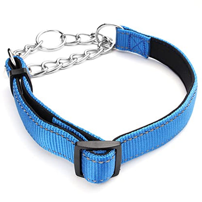 Martingale Dog Collars Adjustable Soft Nylon Reflective Collars with Stainless Steel Chain Walking Training Collars Heavy-Duty Puppy Chain Collars for Small,Medium,Large Dogs(Blue,L) - color: Blue, size: L-(dog's neck19-23inches)