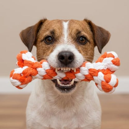 Bone-Shaped Dog Rope Chew Toy, Orange & White | Bone-Shaped Chew Toy, Durable Cotton Rope, For Teething, Training, Interactive Play, Small to Medium Dogs