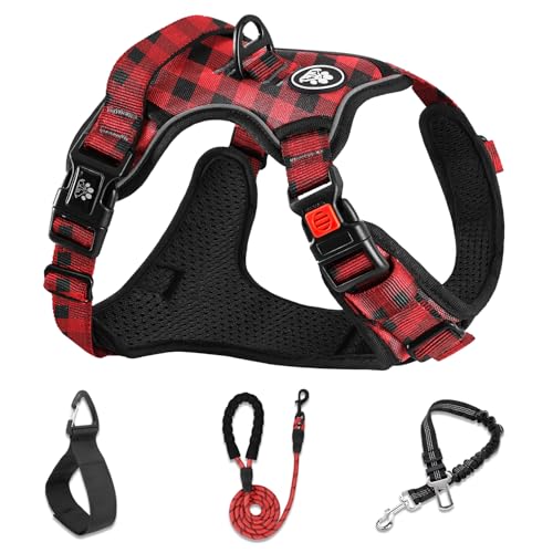 NESTROAD No Pull Dog Harness with Leash, Reflective No Choke Pet Vest Harness,Adjustable Soft Padded Dog Harness with Easy Control Handle for Small Dogs(Checkered Red,Small) - color: Checkered Red, size: 【S】neck 11-15" chest 15-21"