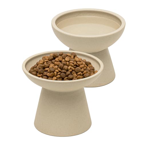 CEEFU 2 Elevated Cat Bowls Extra Wide for Food & Water – Whisker Fatigue, Ceramic Wide Shallow Food Dish, Lead & Cadmium Free, Raised Height for Cats, Pottery Clay (Not Glazed) - color: Pottery Clay