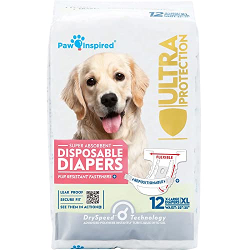 Paw Inspired Disposable Dog Diapers | Female Dog Diapers Ultra Protection | Diapers for Dogs in Heat, Excitable Urination, or Incontinence (12&144 Count) (X-Large (12 Count)) - size: X-Large (12 Count)