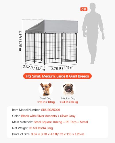 VEVOR Outdoor Dog Kennel, 3.67 x 3.78 x 4.1 ft Large Dog Kennel with Secure Lock, Outside Dogs Enclosures with UV-Resistant & Waterproof Roof Cover, Heavy Duty Pet Crate Cage Run for Large Dogs - size: 45.4"L x 44.0"W x 49.2"H