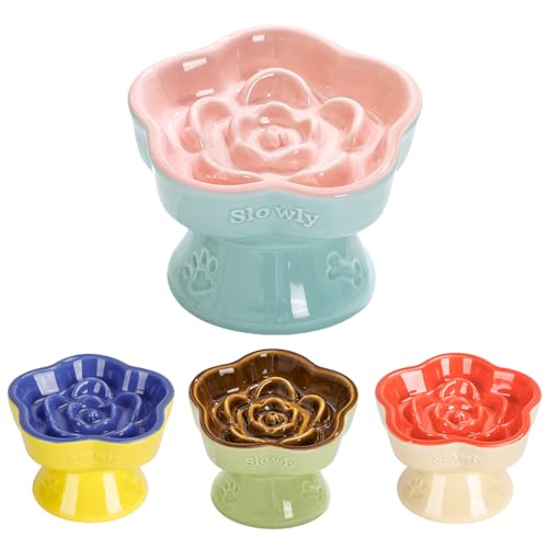 S&Q's CERAMICS Raised Slow Feeder Cat Bowl, Ceramic Elevated and Titled Glass Food Bowl Small Dogs Slow Feeder, Flower Shaped Cute Cat Dish for Dry and Wet Food (Pink, 5.8") - color: Pink