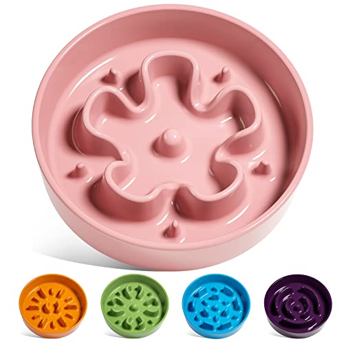 LE TAUCI Ceramic Slow Feeder Dog Bowls Small Breed, 0.6 Cups Dog Food Dish for Fast Eaters, Puzzle Bowl for Small Dogs and Cats,Pink Bloom - color: Pink Bloom, size: S-0.6 Cups