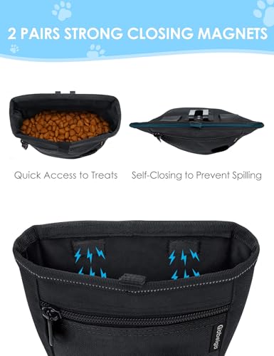 Gobeigo Dog Treat Pouch and Training Clicker, Upgrade Two Magnetic Closure to Prevent Spills, 2 Cup Treat Bag with Poop Bag Dispenser, Metal Clip Waist Belt Fanny Pack for Pet Walk (Black) - color: A-Black