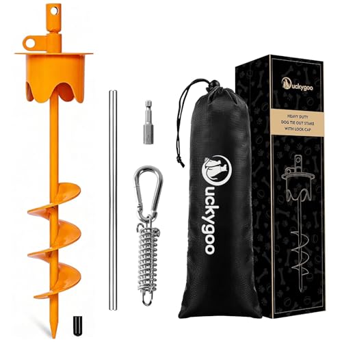 Dog Tie Out Stake with Lock-Cap, Heavy Duty Dog Stake for Outside with Shock Spring, Rust Proof Stakes for Yard, Beach & Camping Ground Anchor for Dogs up to 350 LBS, Orange - color: Orange, size: 17IN (ONLY STAKE)