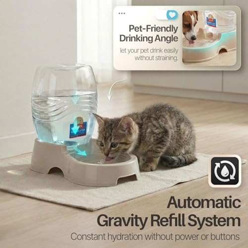 Flexzion Automatic Gravity Pet Waterer for Cat & Dog - Non-Skid & Easy-Clean Auto Replenish Water Dispenser Drinking Bowl (1/4 Gallon/ 900ml), Beige - color: Beige, size: 0.9 L
