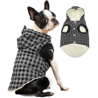 Vecomfy Fleece Lining Dog Hoodie for Small Dogs Extra Warm Plaid Sweater with Drawstring Hooded Coats in Winter Puppy Jacket,Black XS - color: Black Plaid, size: X-Small (Pack of 1)