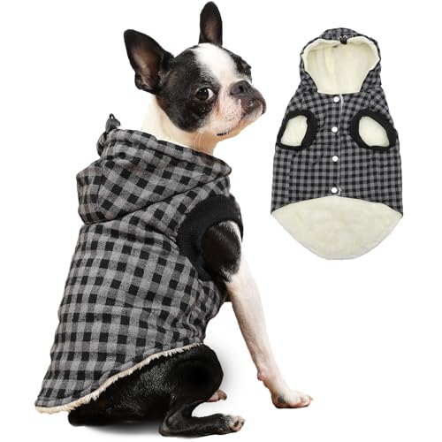 Vecomfy Fleece Lining Dog Hoodie for Small Dogs Extra Warm Plaid Sweater with Drawstring Hooded Coats in Winter Puppy Jacket,Black S - color: Black Plaid, size: Small (Pack of 1)