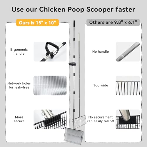 AiQInu 2-in-1 Chicken Poop Scooper & Rake, Adjustable Stainless Steel Poop Scoop with 24"-90" Long Handle, Sifting Shovel for Chicken Coop, Goat Stall & Stable Cleaning