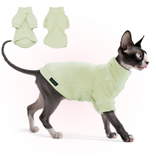 Sphynx Cat Clothes Fleece Pullover Sweater | Soft warm fleece, covers belly. Stretchy, easy on. Washes well. For small dogs & cats: daily walks, naps, AC rooms. - color: PGreen, size: Large