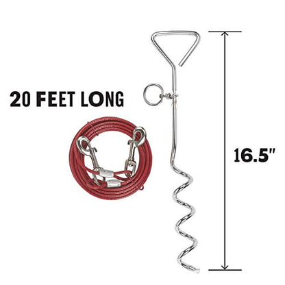 Katzco Chrome Dog Corkscrew Stake with Leash Lead - 25 Foot Cable with 80 lb Pull Strength - Heavy-Duty Outdoor Tie-Out for Large, Medium, and Small Energetic Dogs - Backyard Summer Dog Run - Red - size: Chrome Dog Tie-Out Stake with 25ft Cable (1-Pack)