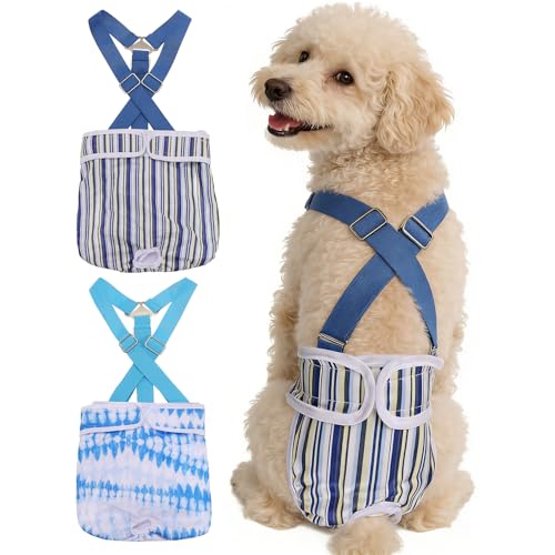 Washable Female Dog Diapers with Suspender, Reusable Dog Diapers Absorbent Leakproof(Striped Blue/Tie-Dye Light Blue XL, 2Pcs), Intended for Female in Heat Cycle - color: Striped Blue/Tie-Dye Light Blue, size: XL