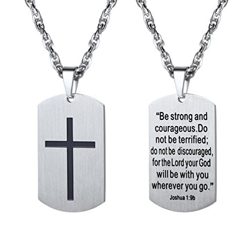PROSTEEL Cross Necklace for Men Women, 316L Stainless Steel Dog Tag Cross/Dog Tags Military, Jesus Crucifix, Snake Cross, Black/Gold/Silver/Rose Gold/Blue Tone Cross Pendant, Come with Box - color: 2. Silver, style: 1. Be strong and courageous