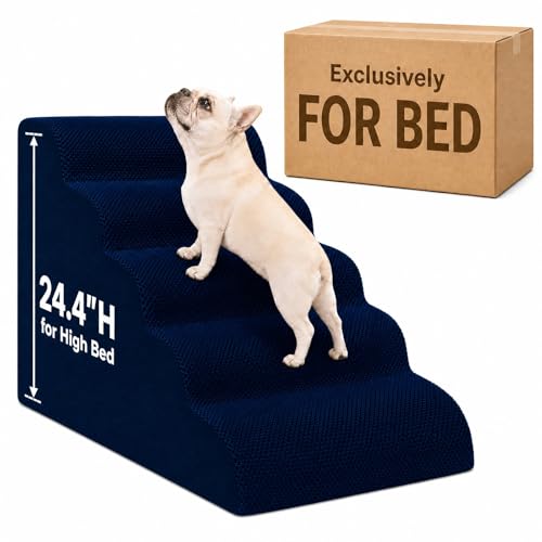 Dog Ramp for Bed,Pet Ramp for High Bed,Dog Stairs for Small & Medium Dogs,Curved Non-Slip Ladder for Older Dogs & Cats,24.4" H,5-Step（Blue） - color: Blue