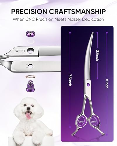ULG 30° Curved Dog Grooming Scissors 440C Stainless Steel, 7.5" Professional Pet Grooming Shears with Reversible Butterfly Handles, Dog Scissors for Grooming Face, Eyes, Paws & Body - size: 7.5" Curved (440C)