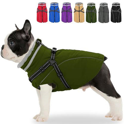 Fragralley Dog Coat with Harness Built in, Waterproof Windproof Reflective Warm Puffer Jacket, Fleece Lined Vest Winter Parka for Small, Medium, Large Dogs - color: Green, size: Large
