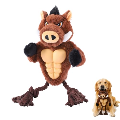 Boar Rope & Plush Dog Toy with Squeaker, Interactive Tug Toy for Medium to Large Dogs, Multi-Texture Toy for Tug, Toss & Supervised Play - color: Brown
