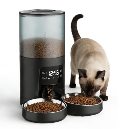 NEWBULIG Automatic Cat Feeder for 2 Cats, 6L/25.3 Cups Timed Pet Feeders with Dual Bowls, 10s Voice Recorder, Dog Food Dispenser for Dry Food, 6 Meals/Day, 50 Portions/Meal, Dual Power Supply, Black - color: Black, size: 6 L - Dual Bowls