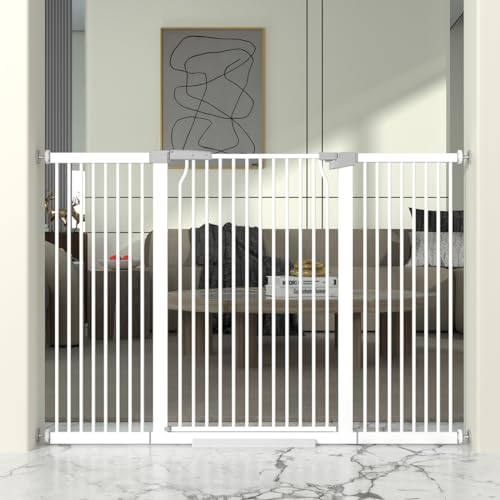 41" Extra Tall Cat Gate for Doorway, 54.5-60.2'' Metal Pet Baby Safe Gate, Extra Wide Pressure Mounted Child Door with Expansion Kit, No Drilling Baby Gate Indoor, No Climb Proof Gate, White - size: 54.5-60.2''W