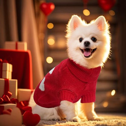 Topbuti Knitted Dog Sweater Heart Puppy Sweater Winter Warm Pullover Turtleneck Knitwear Pet Holiday Clothes for Small Dogs and Cats (Red, Large)
