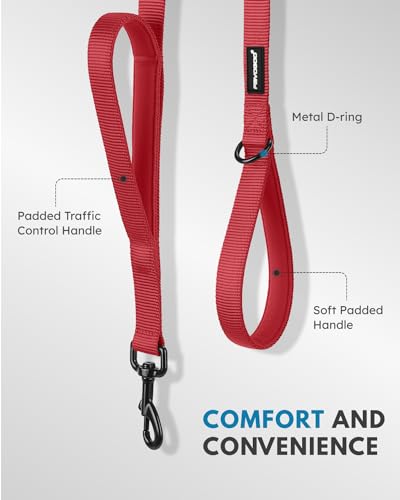 FAYOGOO Dog Leash 6FT - Heavy Duty Dog Leash with Traffic Padded Double Handles - Safety Control Traning Leash for Large Medium Dogs - color: Red