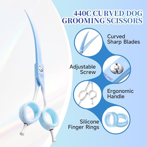 7'' Curved Dog Grooming Scissors Blue to White Gradient | 440C Stainless Steel, Sharp Durable, Professional or Home Use, Ergonomic Handle with 2 Silicone Finger Rings - color: Blue