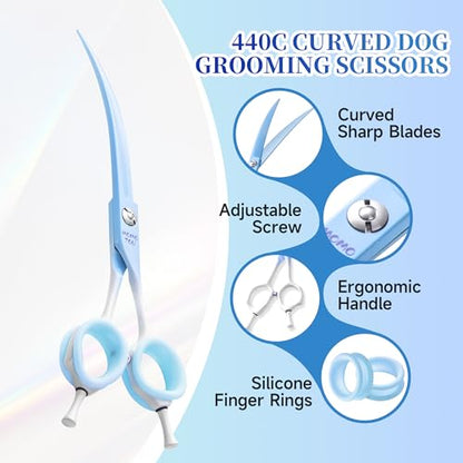 7'' Curved Dog Grooming Scissors Blue to White Gradient | 440C Stainless Steel, Sharp Durable, Professional or Home Use, Ergonomic Handle with 2 Silicone Finger Rings - color: Blue