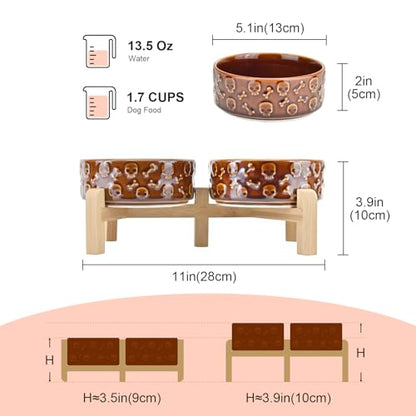 SPUNKYJUNKY Elevated Dog Bowls Ceramic, 5.1'' Dogs and Cat Food Water Bowls Raised with Non-Slip Bamboo Stand for Puppy Small Sized Breed Microwave Dishwasher Safe - 13.5 OZ,Skull Bronze - color: Bronze - Skull, size: 5.1 in - 1.7 cups
