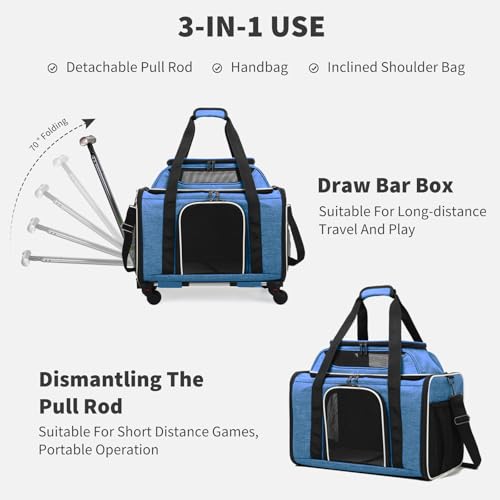 PETCUTE Large Dog Cat Carrier with Wheels,Foldable Rolling Pet Carrier for Cat Dog Under 18 lbs,Breathable Cat Carrier Travel Bag with Telescopic Handle and Mesh Pocket for Outdoor Walking Travel