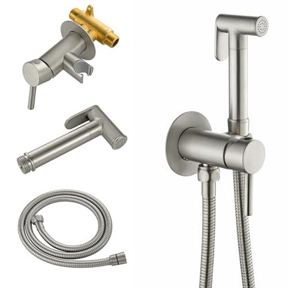 SHAMANDA Warm Water Bidet Sprayer for Toilet with Hot and Cold Brass Rough-in Valve, Stainless Steel Round Handheld Bidet Attachment Set for Feminine, Pets and Baby Diaper Wash, Brushed Nickel - color: Brushed Nickel, style: Hot & Cold Water Modes-Round