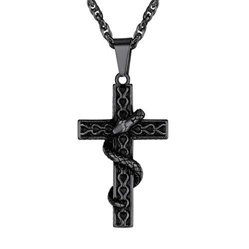 PROSTEEL Cross Necklace for Men Women, 316L Stainless Steel Dog Tag Cross/Dog Tags Military, Jesus Crucifix, Snake Cross, Black/Gold/Silver/Rose Gold/Blue Tone Cross Pendant, Come with Box - color: 1. Black, style: 7. Snake Cross