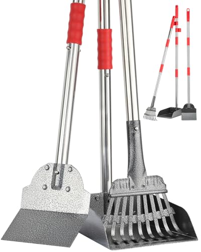 FUSBUNTY Pooper Scooper, Long Handle Dog Pooper Scooper, Heavy Duty Stainless Steel Rake with Tray & Spade Set for Pet Waste Removal, for Grass, Dirt or Gravel - color: Red-Standard