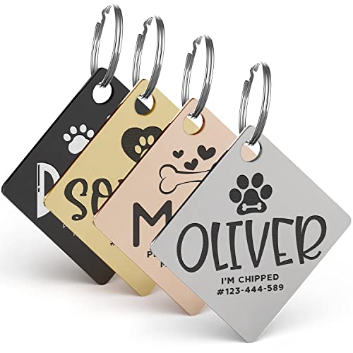 Engraved Pet ID Tags for Cats, Dogs - 4 Color & 5 Shape Options, Personalized w/ 20 Icons, Name, Address, Phone Number - Accessories for Four Legged Friends, Stainless Steel #Rectangular - Silver - style: Rectangular